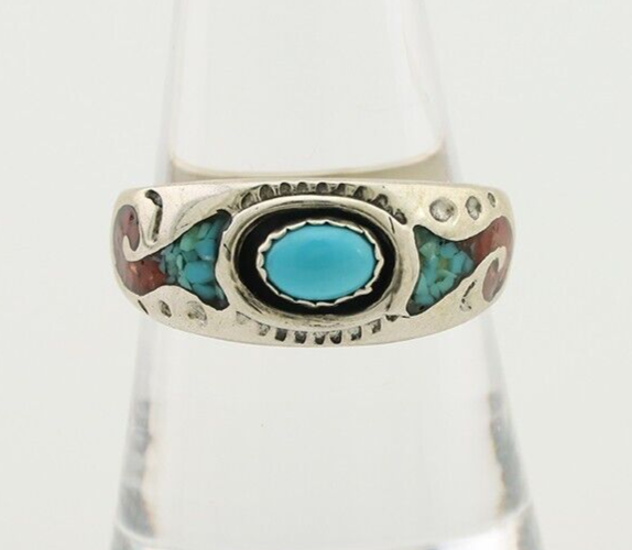 Navajo Ring 925 Silver Turquoise & Coral Natural American Artist C.80's