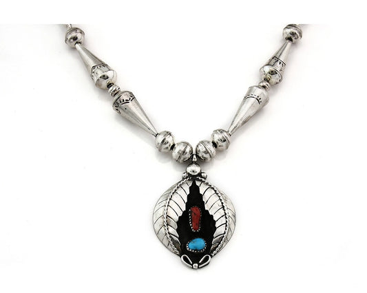 Navajo Necklace Sterling Silver Turquoise & Coral Vintage Signed JC C.80's