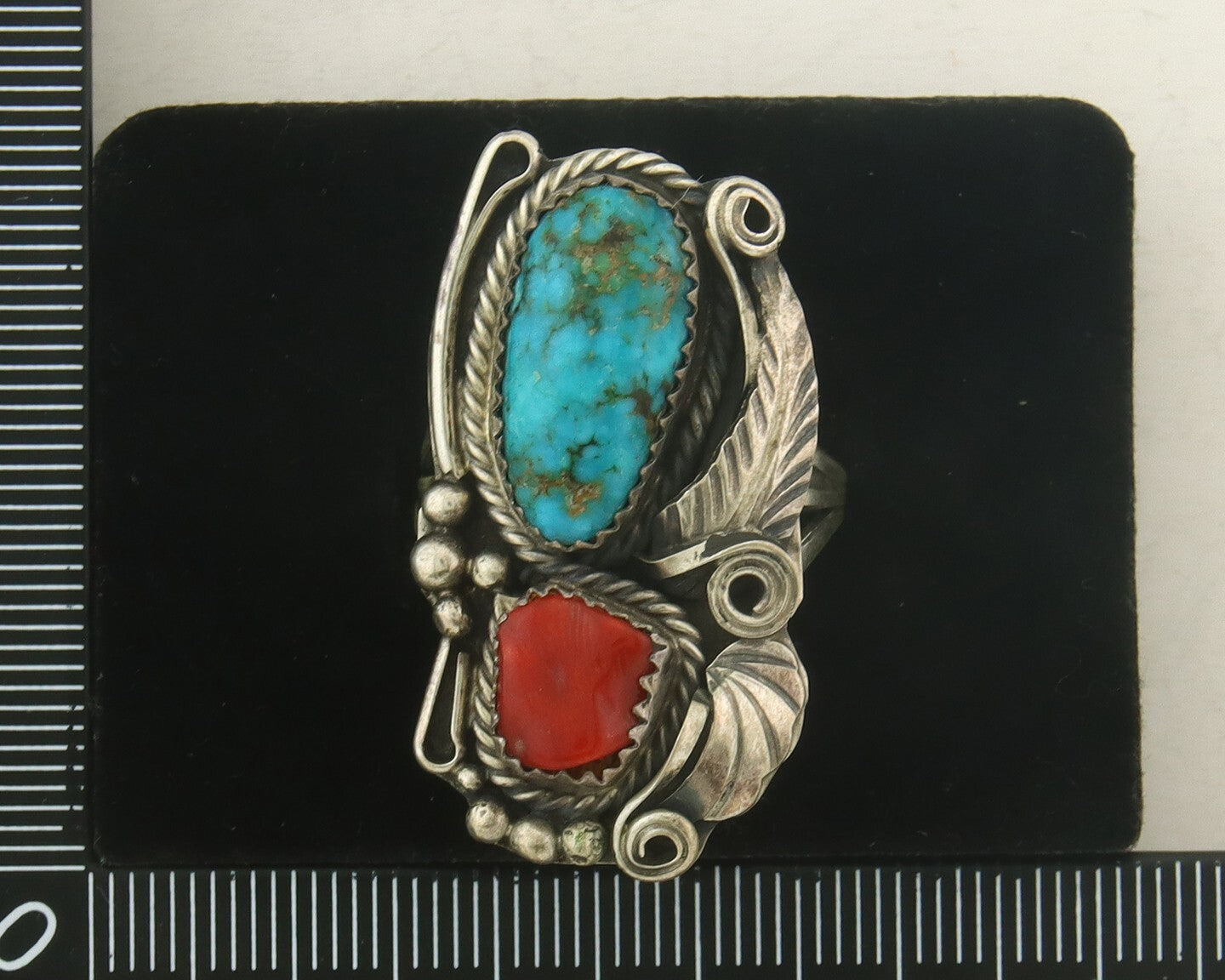 Navajo Ring 925 Sterling Natural Coral & Turquoise Signed JM C.80's Size 9.0
