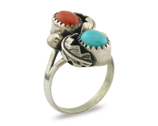 Vintage Navajo Ring 925 Sterling Silver Authentic Turquoise & Coral Size 5.25