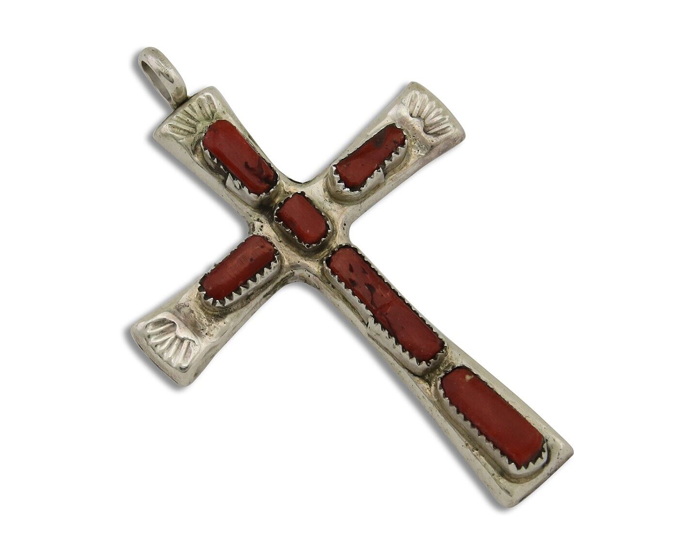 Zuni Cross Pendant 925 Silver Mediterranean Coral Signed J Iule C.80s