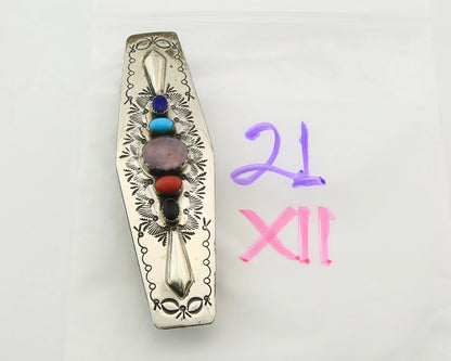 Navajo Barrette Sterling Silver Gemstones Hand Stamped Vintage Signed WS