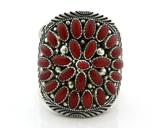 Navajo Cuff Bracelet Sterling Silver Coral Vintage Signed Charles Johnson