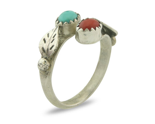 Vintage Navajo Ring 925 Sterling Turquoise & Coral Native Artist Size Size 5