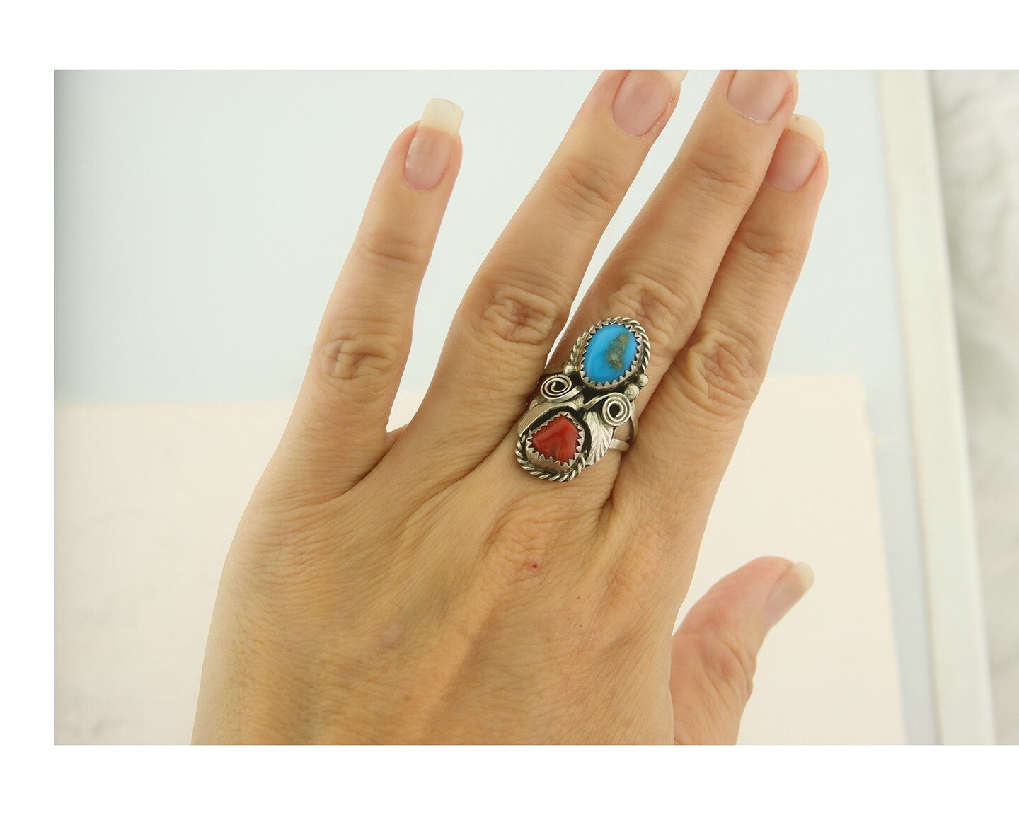 Vintage Navajo Ring 925 Sterling Natural Gemstones Signed Justin Morris Sz 6.5