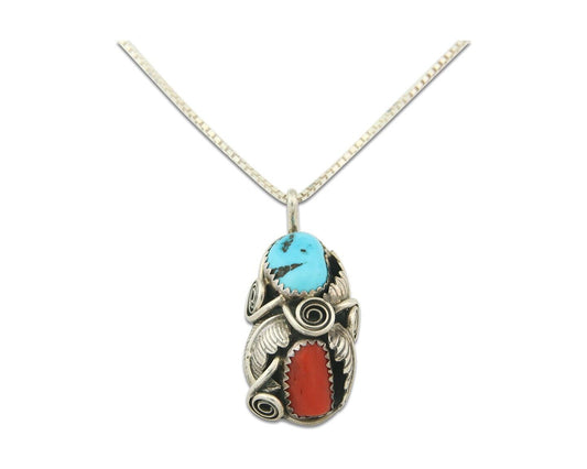 Vintage Navajo Necklace 925 Silver Turquoise & Coral Artist Signed MP