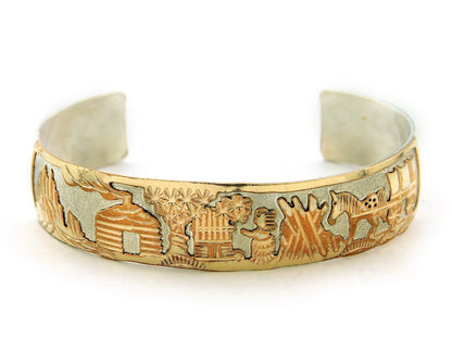 Navajo Cuff Bracelet Sterling Silver & Gold Vintage Storyteller Signed GE