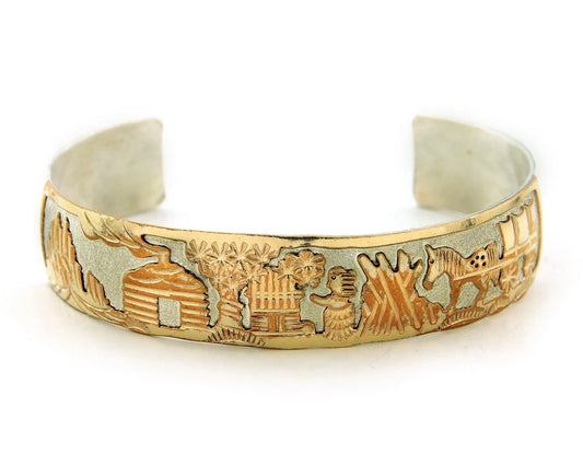 Navajo Cuff Bracelet Sterling Silver & Gold Vintage Storyteller Signed GE