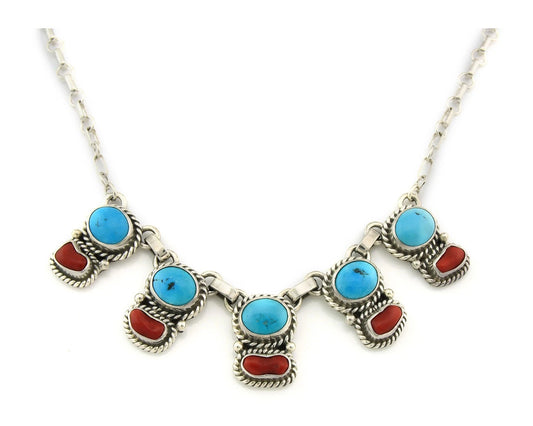 Navajo Necklace Sterling Authentic Turquoise & Coral Handmade Native Artist