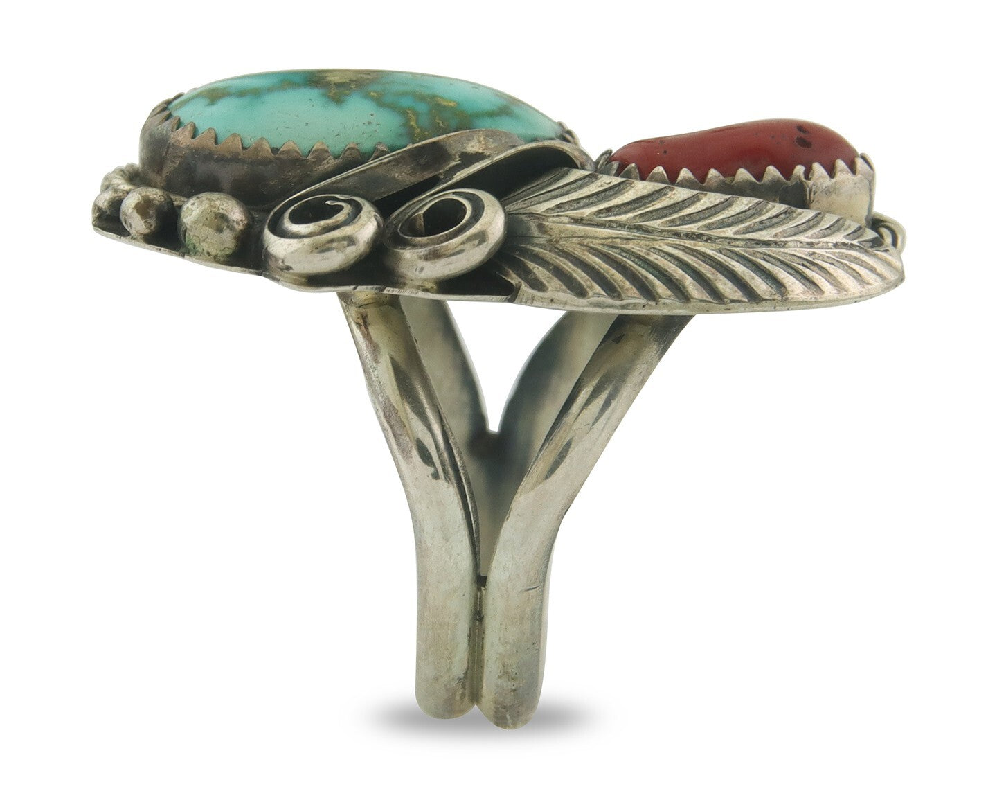 Navajo Ring 925 Sterling Natural Coral & Turquoise Signed JM C.80's Size 8.5