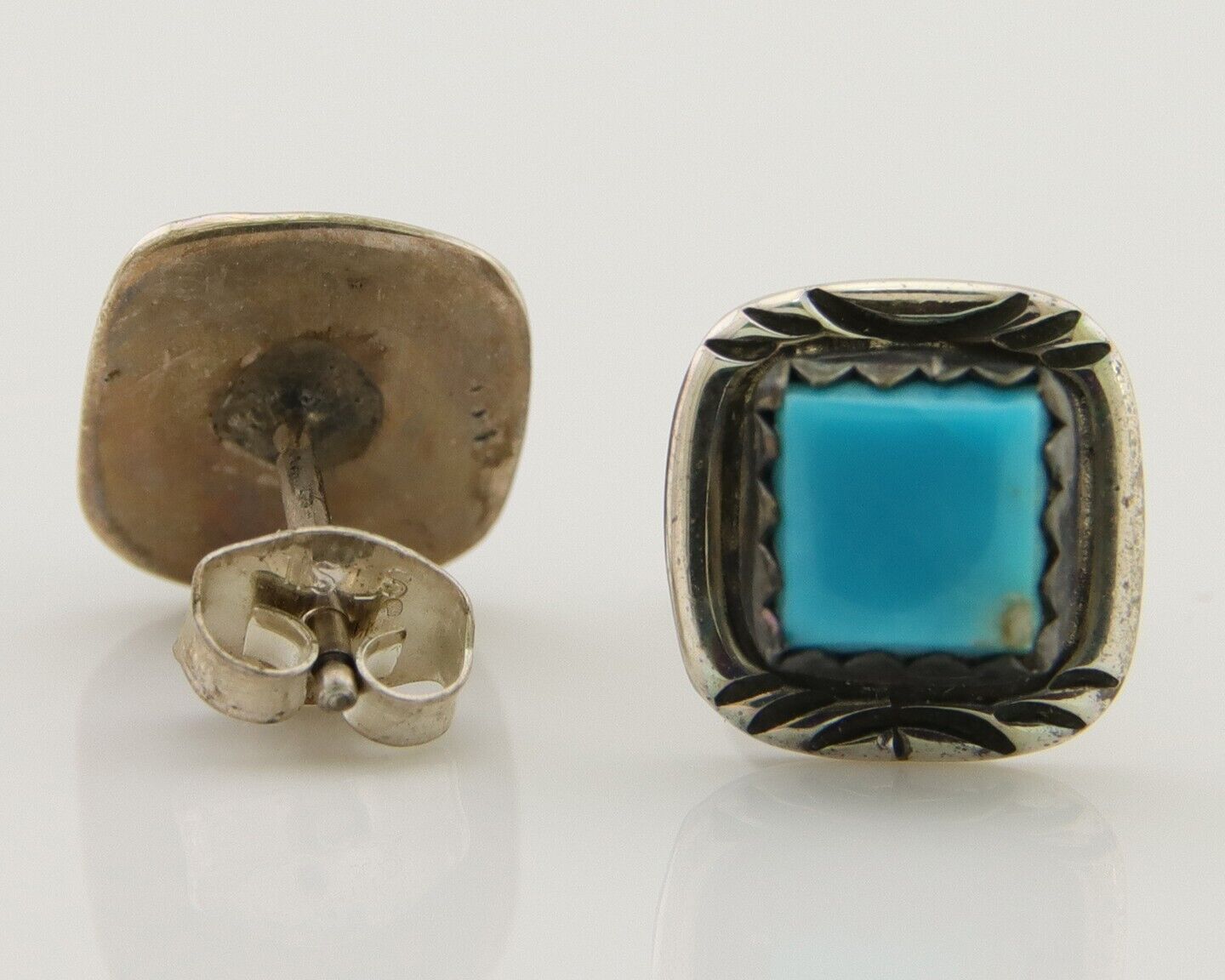 Navajo Hand Stampied Earrings 925 Silver Blue Turquoise Native Artist C.80's