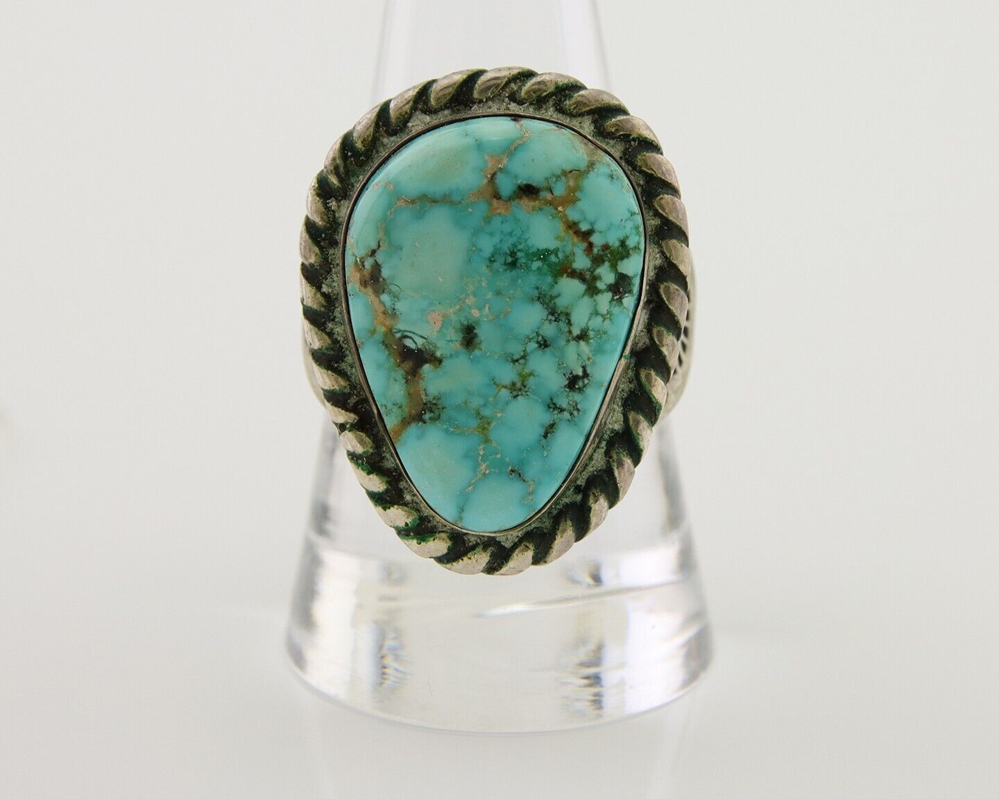 Men Navajo Ring 925 Silver Natural Slab Turquoise Signed Sunset C.80's