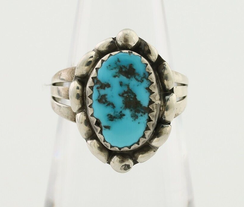 Navajo Ring 925 Silver Sleeping Beauty Turquoise Artist Signed SC C.80's
