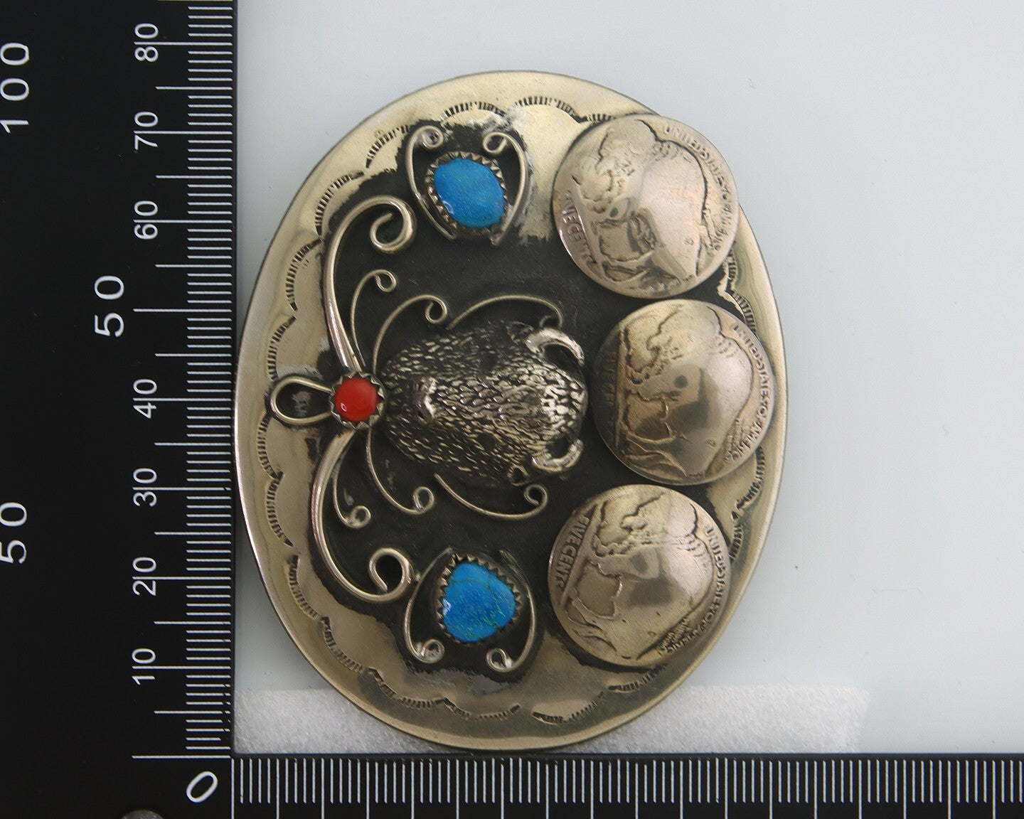 Navajo Belt Buckle .999 Nickel Buffalo Gemstone Handmade 2.5 x 3.0 in C.80's