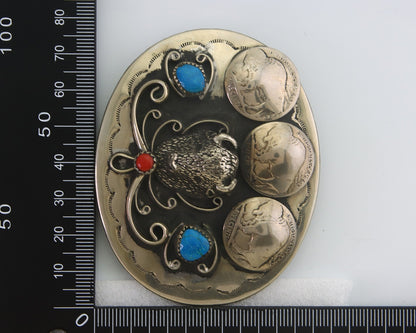 Navajo Belt Buckle .999 Nickel Buffalo Gemstone Handmade 2.5 x 3.0 in C.80's