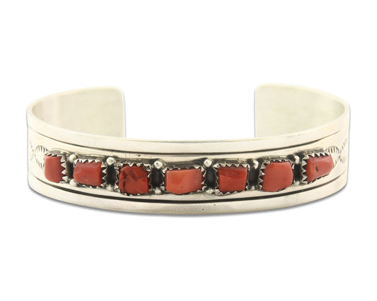 Vintage Navajo Bracelet 925 Silver Red Coral handmade Signed Maria B