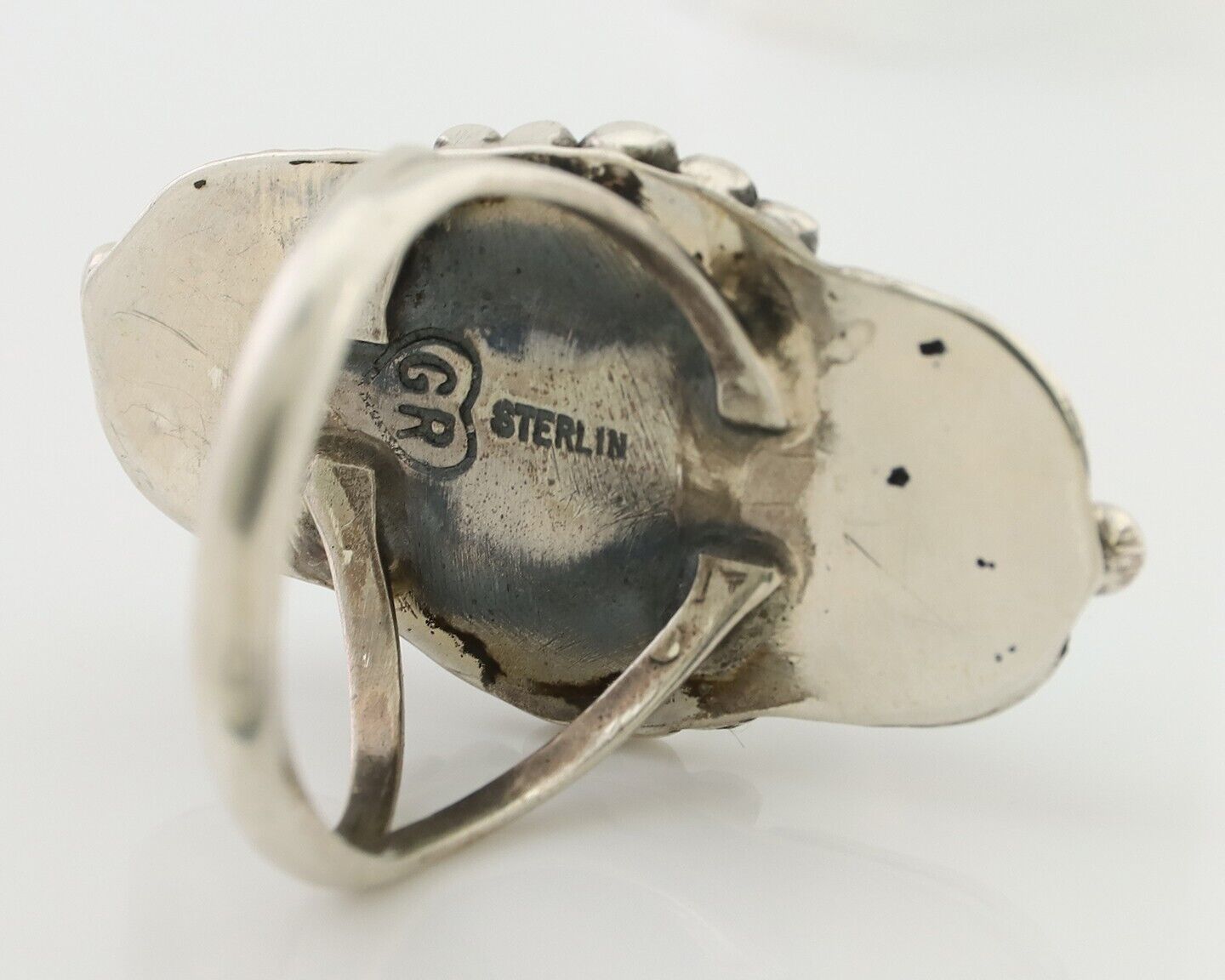 Navajo Ring 925 Silver Natural Blue Turquoise Artist Signed GR HEART C.80's