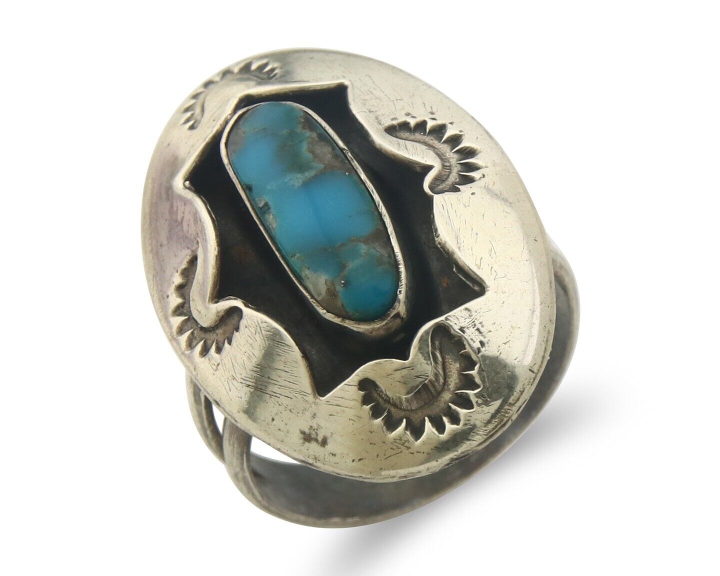 Navajo Ring 925 Sterling Turquoise Handmade Native Artist C.80's Size 8.5