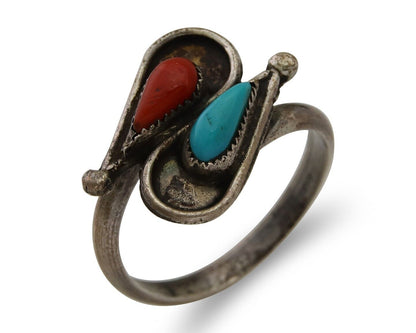Navajo Ring 925 Silver Turquoise & Coral Native American Artist C.80's