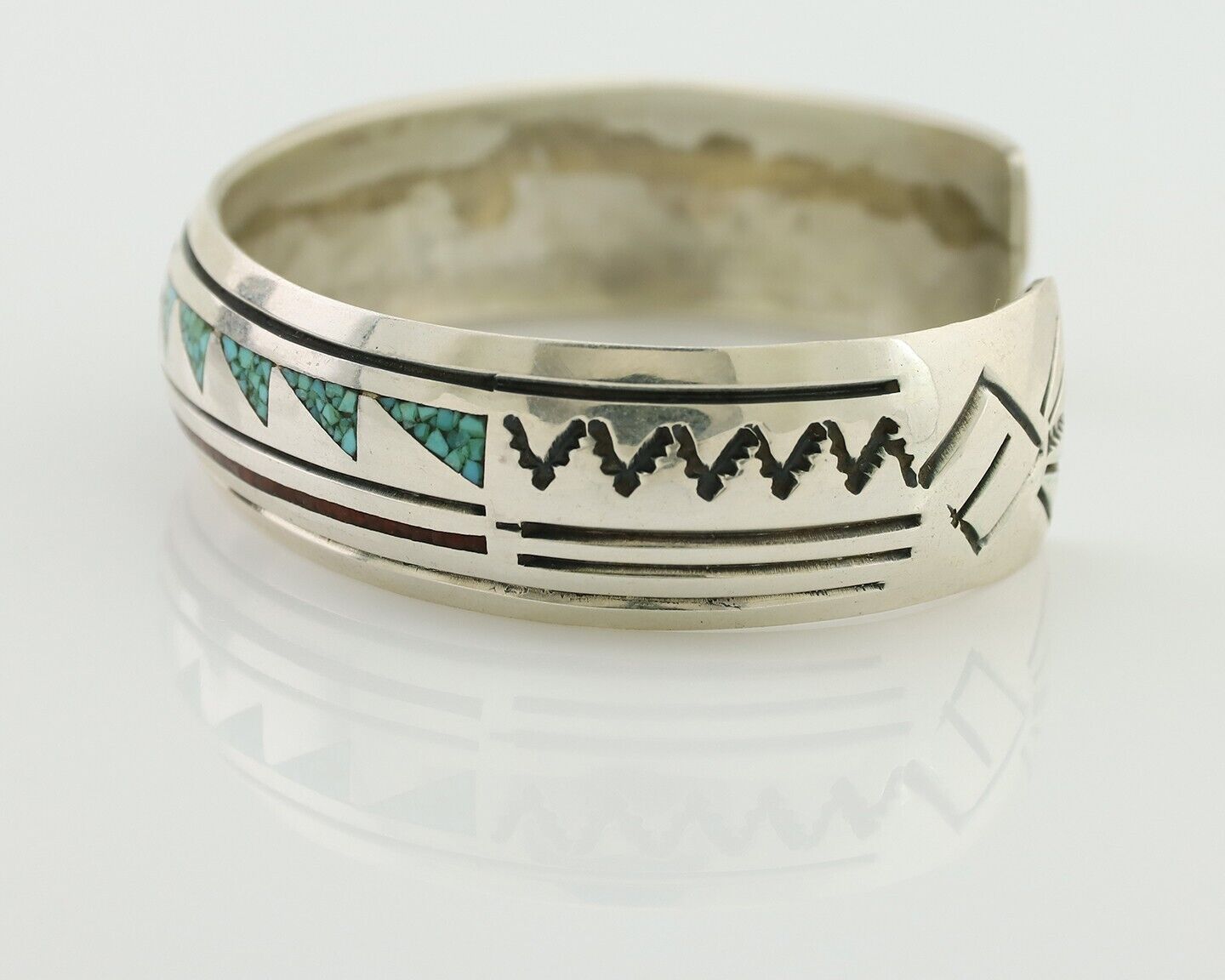 Navajo Inlay Bracelet 925 Silver Turquoise & Coral Signed Stanely Bain C.80's