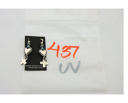 Navajo Earrings 925 Silver Heart Cross Natural Turquoise Native Artist C.80's