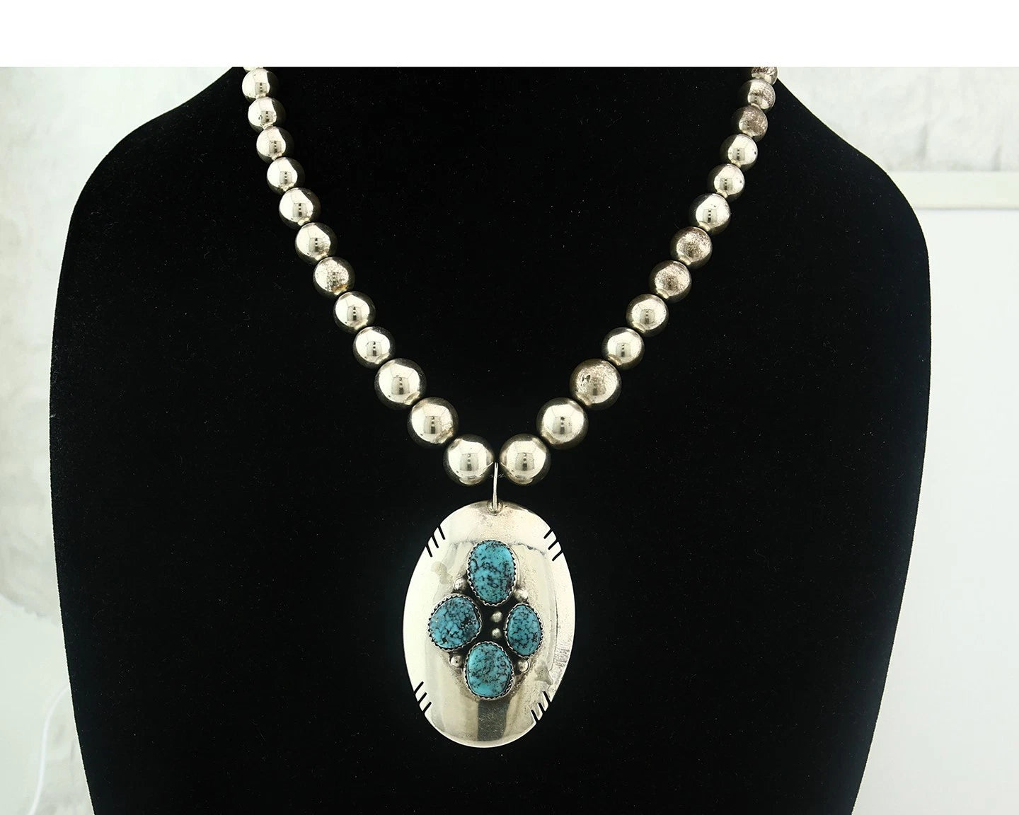 Navajo Bead Necklace Sterling Silver Fine Spiderweb Turquoise Signed D