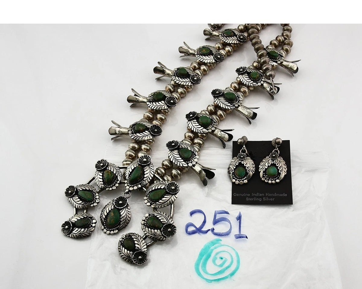 Navajo Squash Necklace Earring Set Sterling Silver Turquoise Vintage C.80's