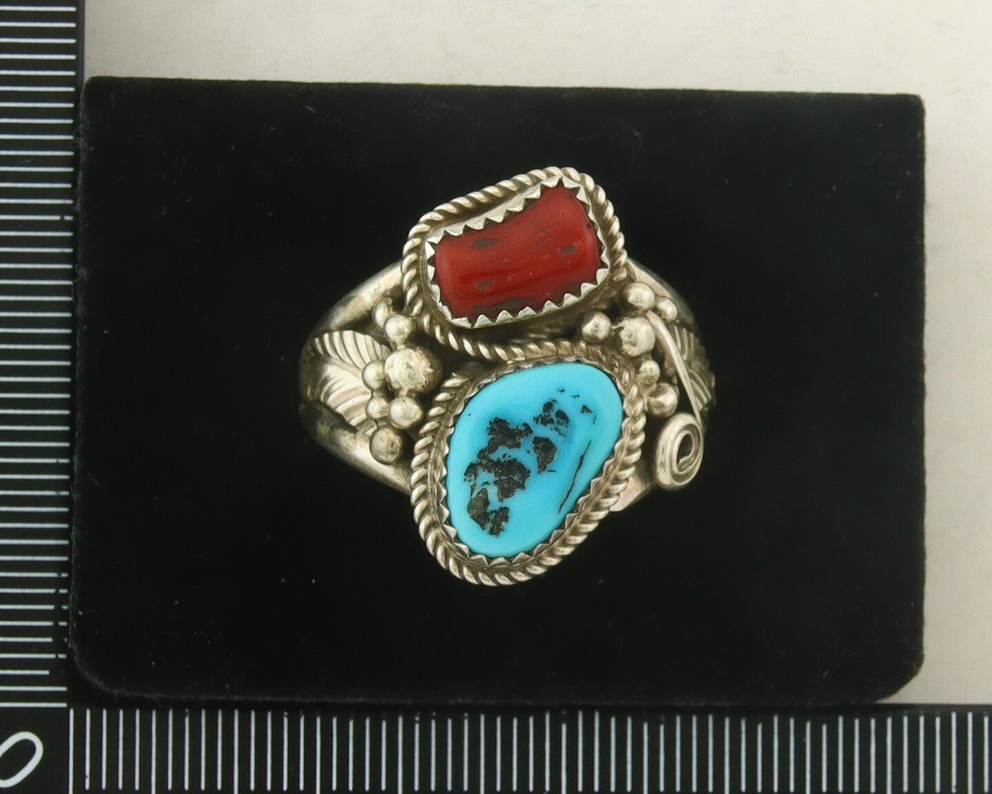 Men Navajo Ring 925 Sterling Silver Natural Coral & Turquoise Signed JM C.80's