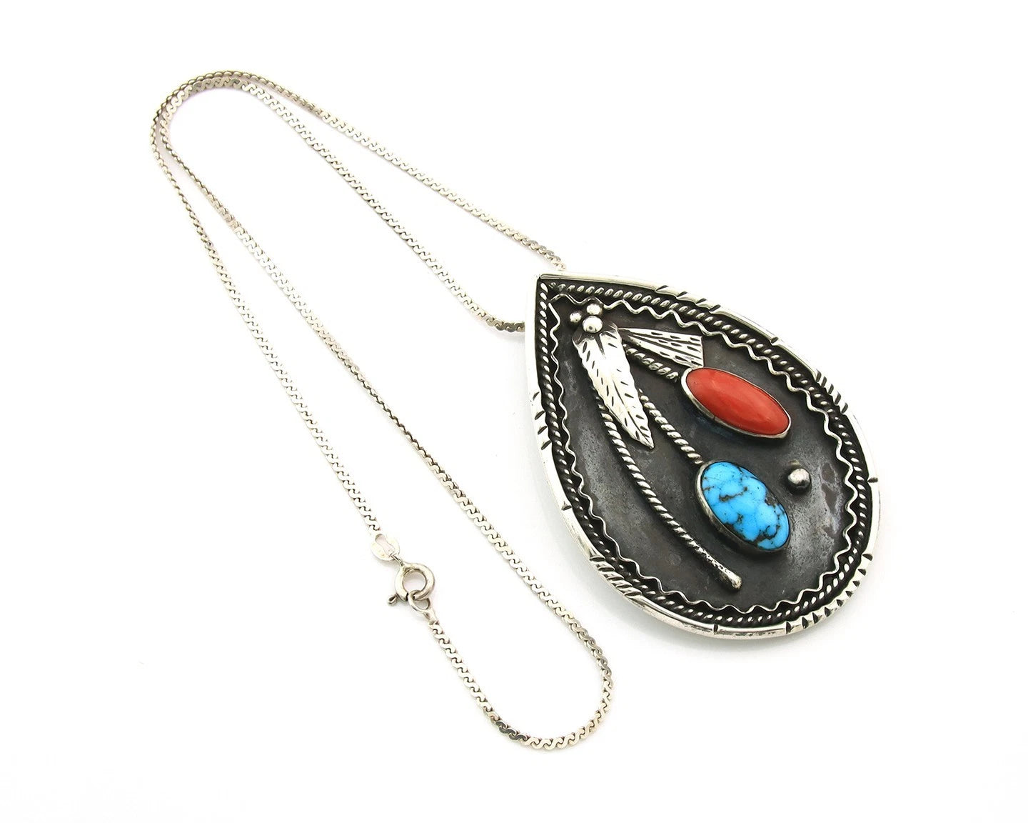 Navajo Necklace Sterling Silver Authentic Turquoise Coral Handmade Native Artist