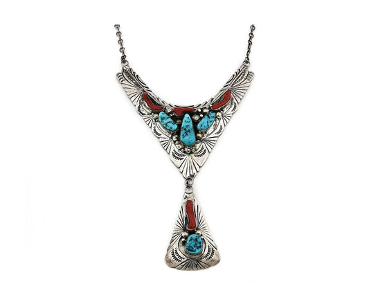 Navajo Necklace Sterling Silver Turquoise & Coral Vintage Signed IHMJ C.80's