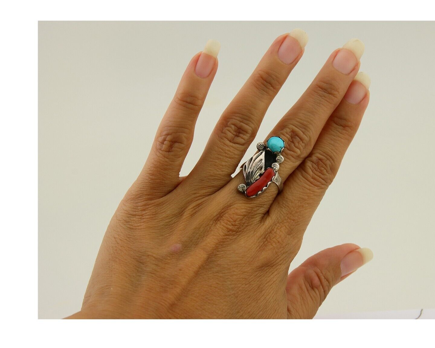 Navajo Handmade Ring 925 Silver Coral & Turquoise Native Artist C.80's