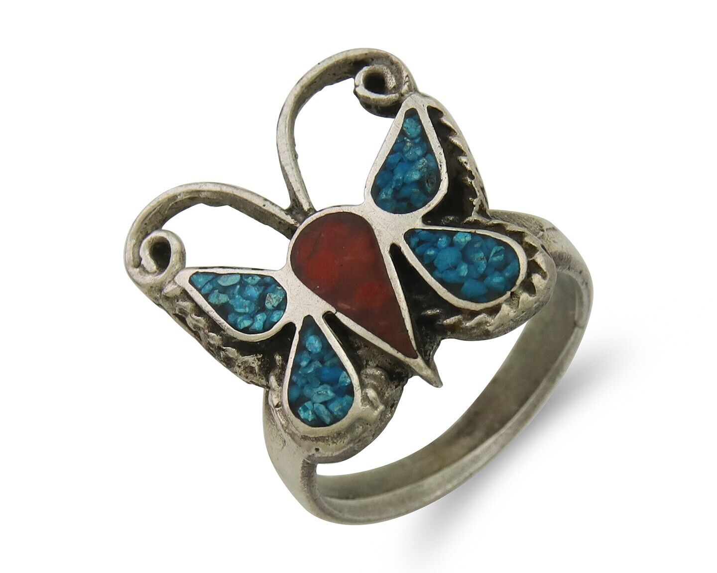 Navajo Handmade Butterfly Ring 925 Silver Coral & Turquoise Native Artist C.80's