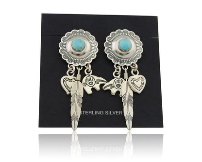 Navajo Concho Dangle Bear Feather Heart Earrings 925 Silver Natural Turquoise