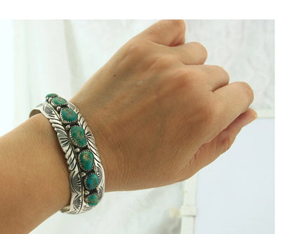 Navajo Cuff Bracelet Sterling Silver Turquoise Vintage Signed WB