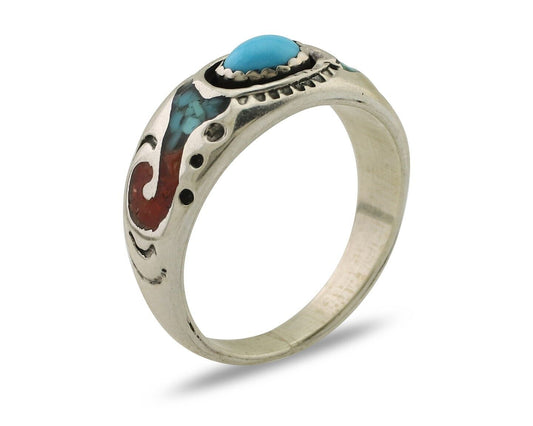Navajo Ring 925 Silver Turquoise & Coral Natural American Artist C.80's