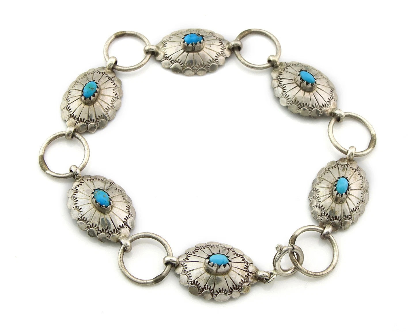 Navajo Concho Bracelet Sterling Silver Turquoise Hand Stamped Signed A.J.