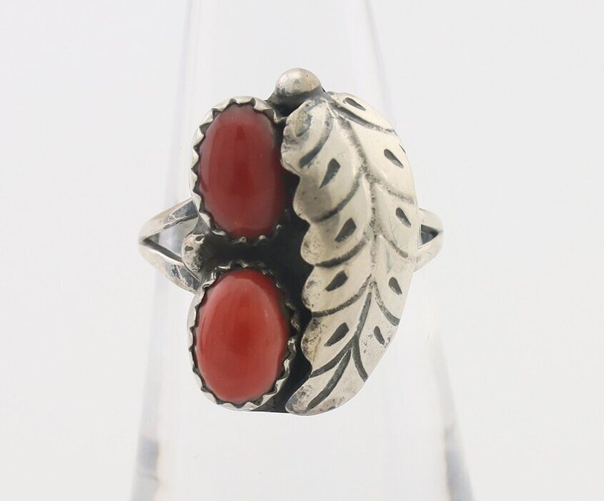 Navajo Handmade Ring 925 Silver Natural Mediterranean Coral Signed 88 C.80's