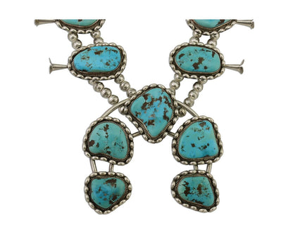 HUGE Navajo Squash Necklace 925 Silver Bisbee Turquoise Signed BY-OG C.80's