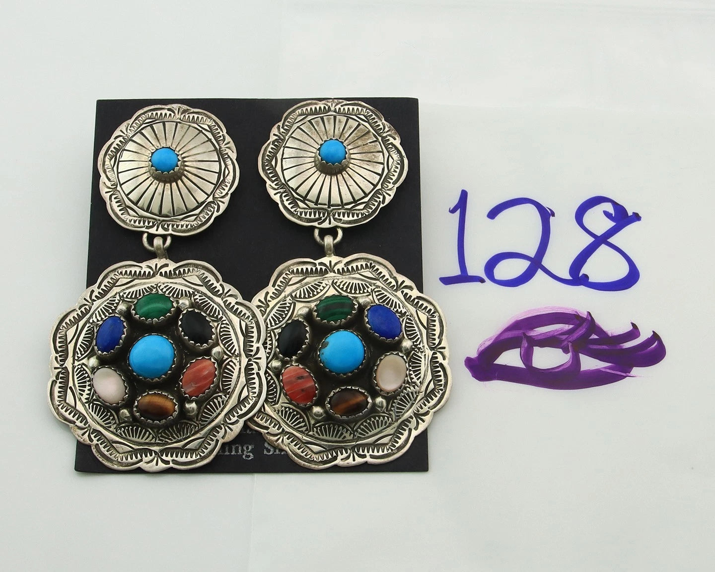 Navajo Concho Earrings Sterling Silver Natural Gemstones Vintage Handmade