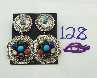 Navajo Concho Earrings Sterling Silver Natural Gemstones Vintage Handmade