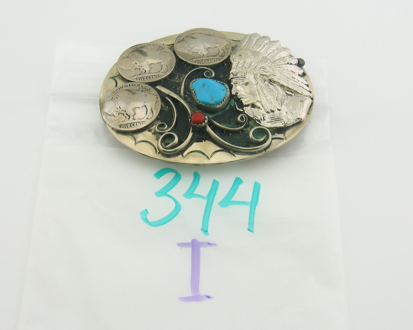 Navajo Belt Buckle .999 Nickel Buffalo Gemstone Signed Squaw Wray 2.5x3.0 in C80