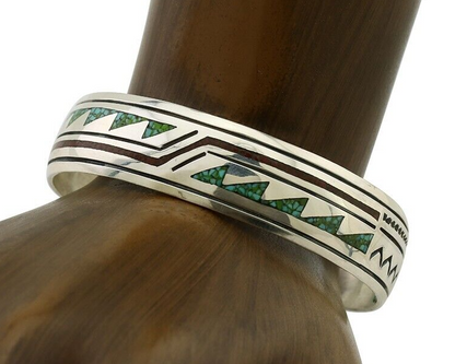 Navajo Inlay Bracelet 925 Silver Turquoise & Coral Signed Stanely Bain C.80's