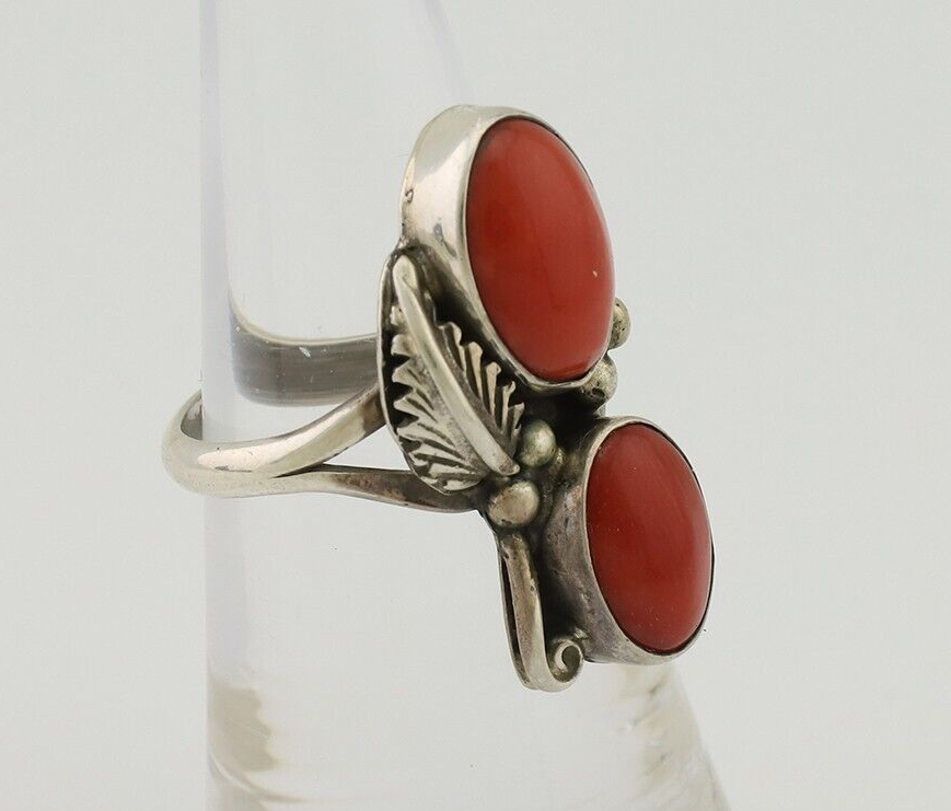 Navajo Ring 925 Silver Natural Mediterranean Coral Artist Signed A C.80's