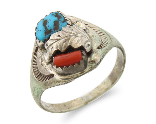 Navajo Ring 925 Sterling Turquoise & Coral Native Artist C.80's Size 10.75