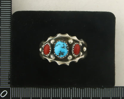 Men Navajo Ring 925 Sterling Natural Coral & Turquoise Signed SC C.80's Sz 11.75