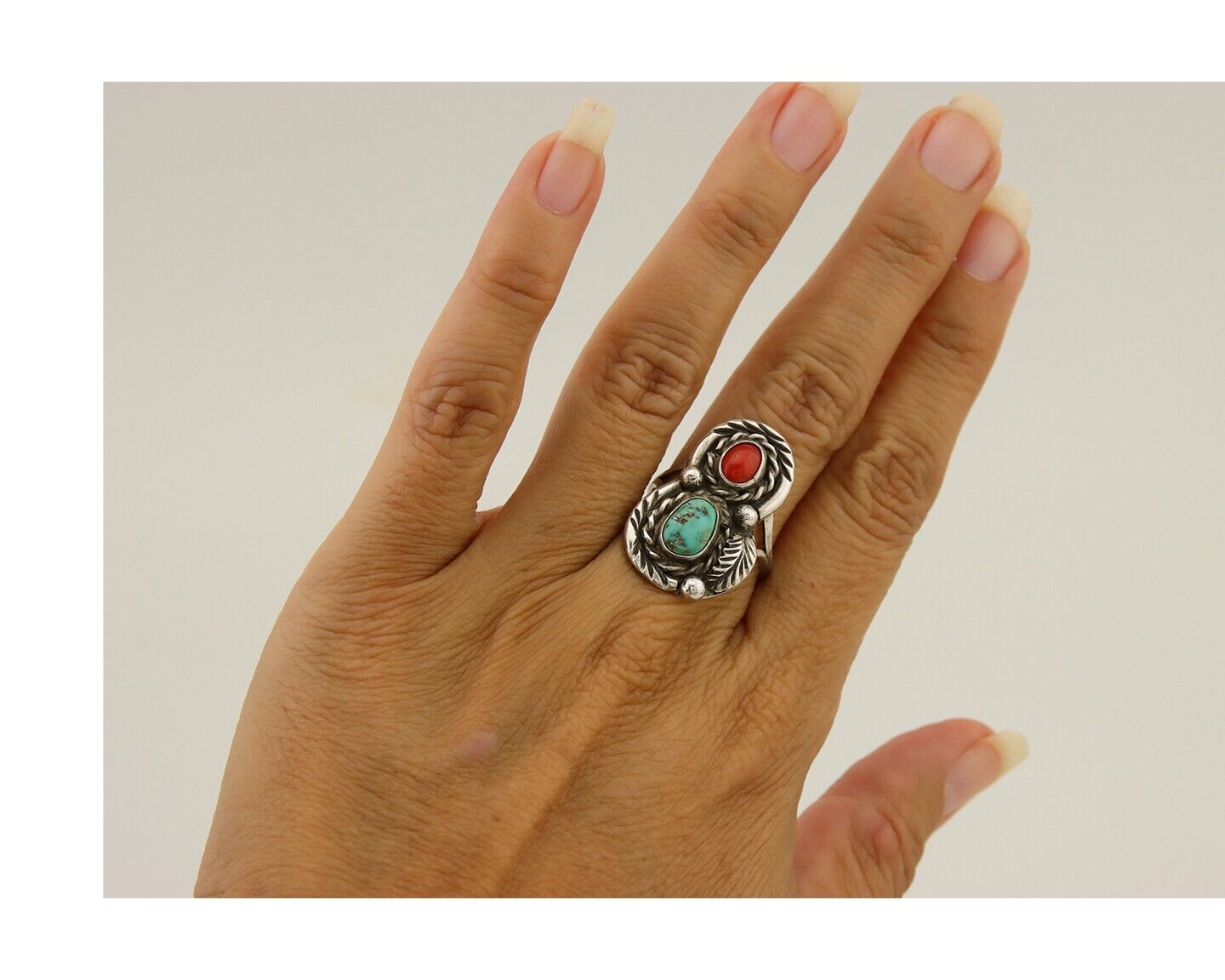 Navajo Handmade Ring 925 Silver Turquoise & Coral Native Artist C.80's