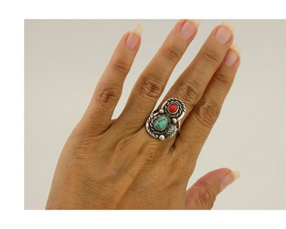 Navajo Handmade Ring 925 Silver Turquoise & Coral Native Artist C.80's