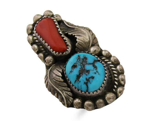 Navajo Ring 925 Sterling Silver Natural Coral & Turquoise Signed SC C.80's