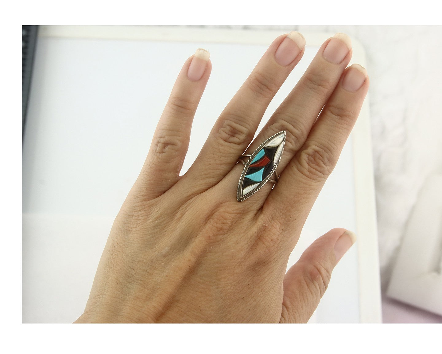Vintage Zuni Ring 925 Sterling Silver Natural Gemstone Size 5.75