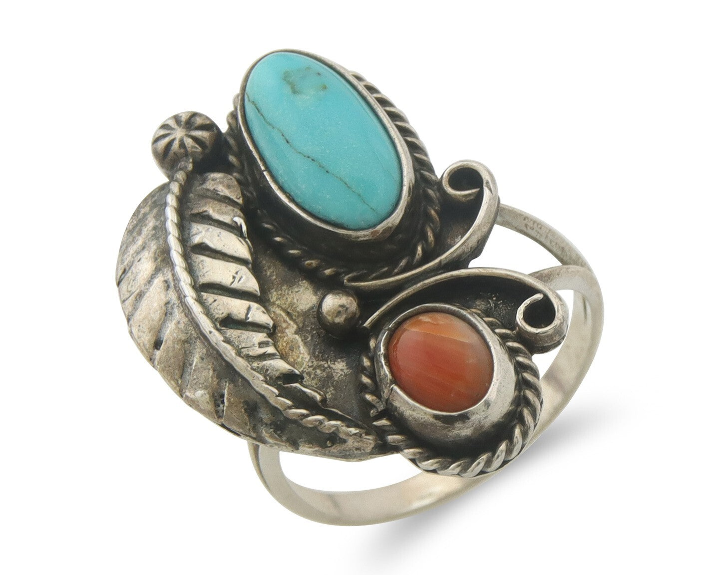 Navajo Ring 925 Sterling Natural Coral & Turquoise Signed EH C.80's Size 7.0